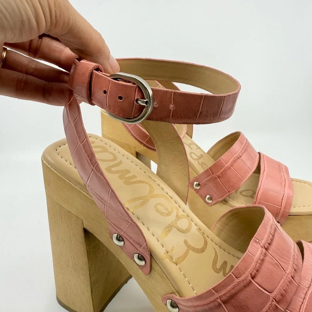 NEW Sam Edelman ROSALIND Platform Sandals WOOD Block Heel Ankle Leather 9.5 PINK